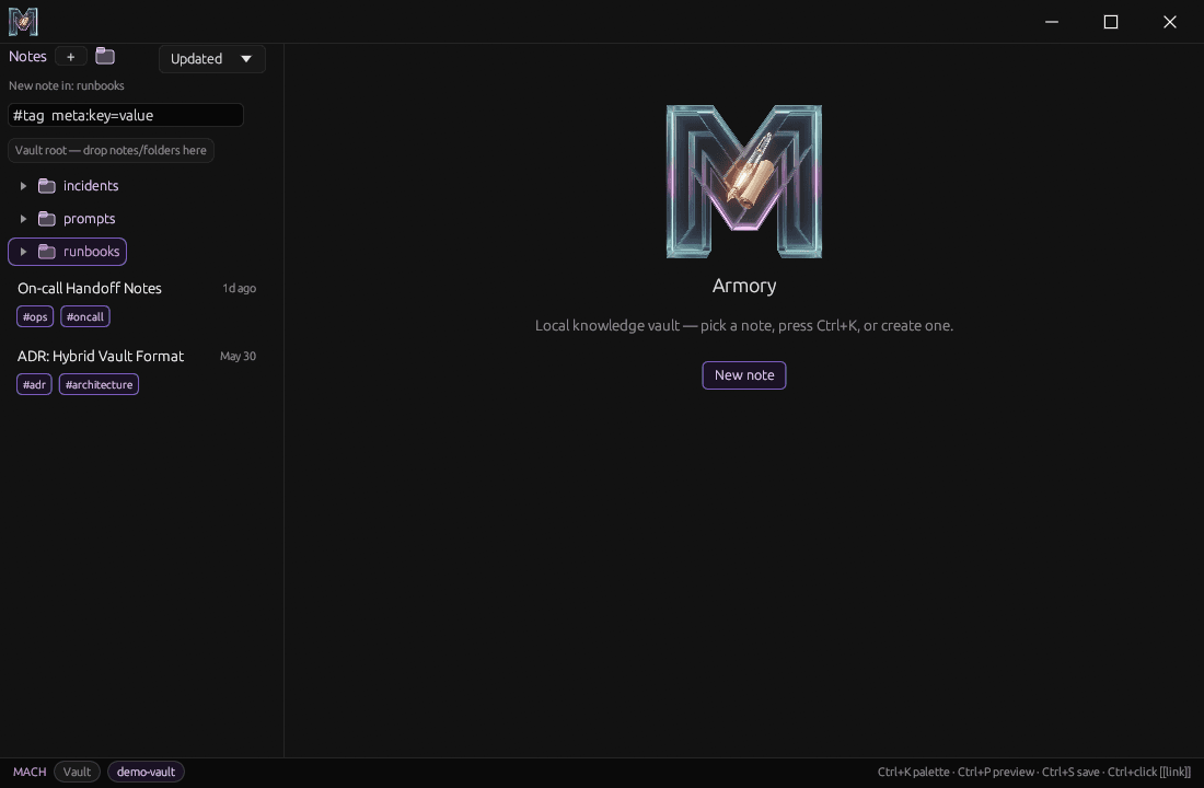 Mach Armory sidebar showing a vault with folders and notes