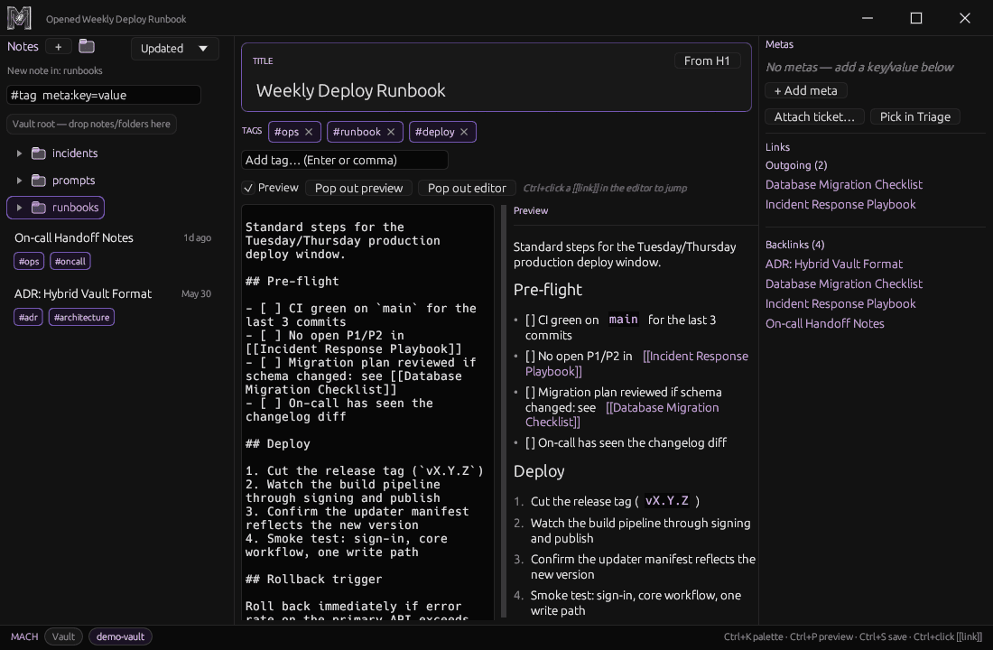 Mach Armory editor with live markdown preview, tags, and linked notes