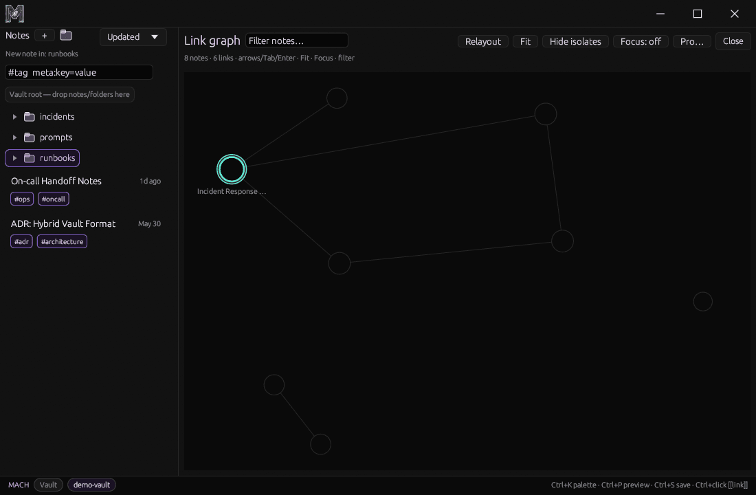 Mach Armory link graph showing notes connected by wiki-links