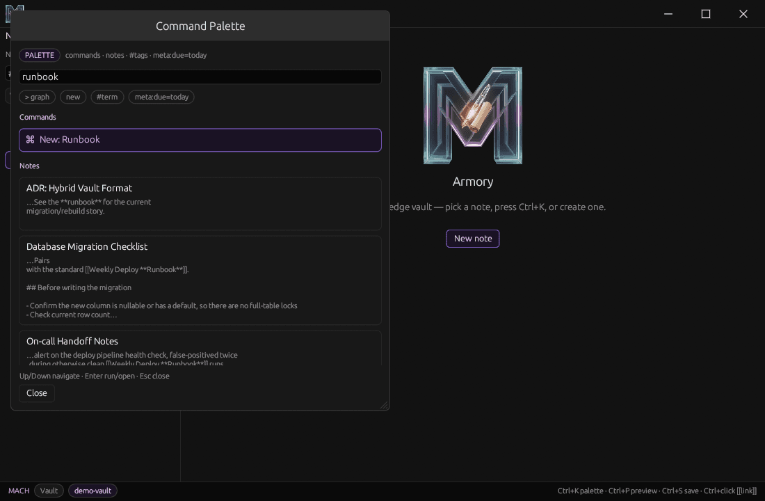 Mach Armory command palette filtering notes and commands
